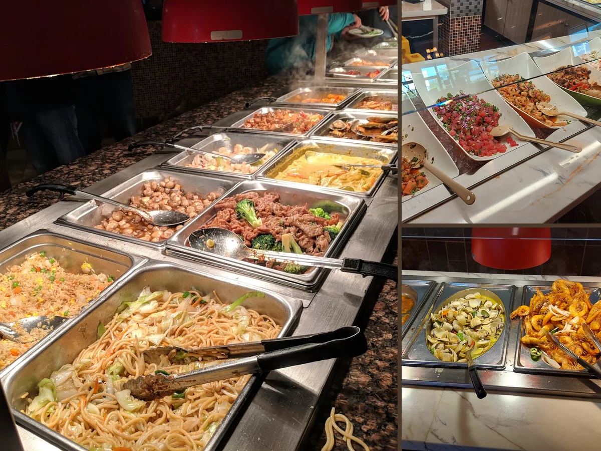 Buffet counters with sushi and seafood trays.