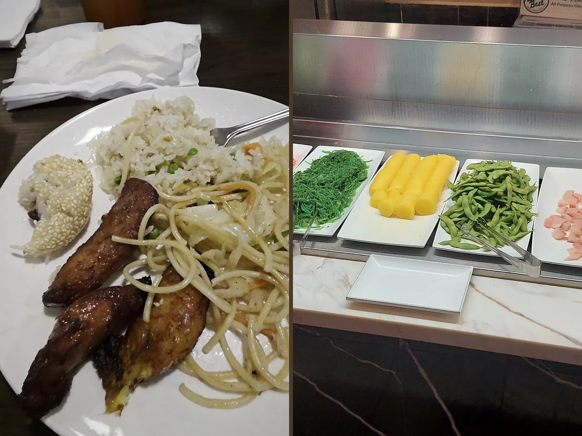 Hot dishes arranged behind a serving line.