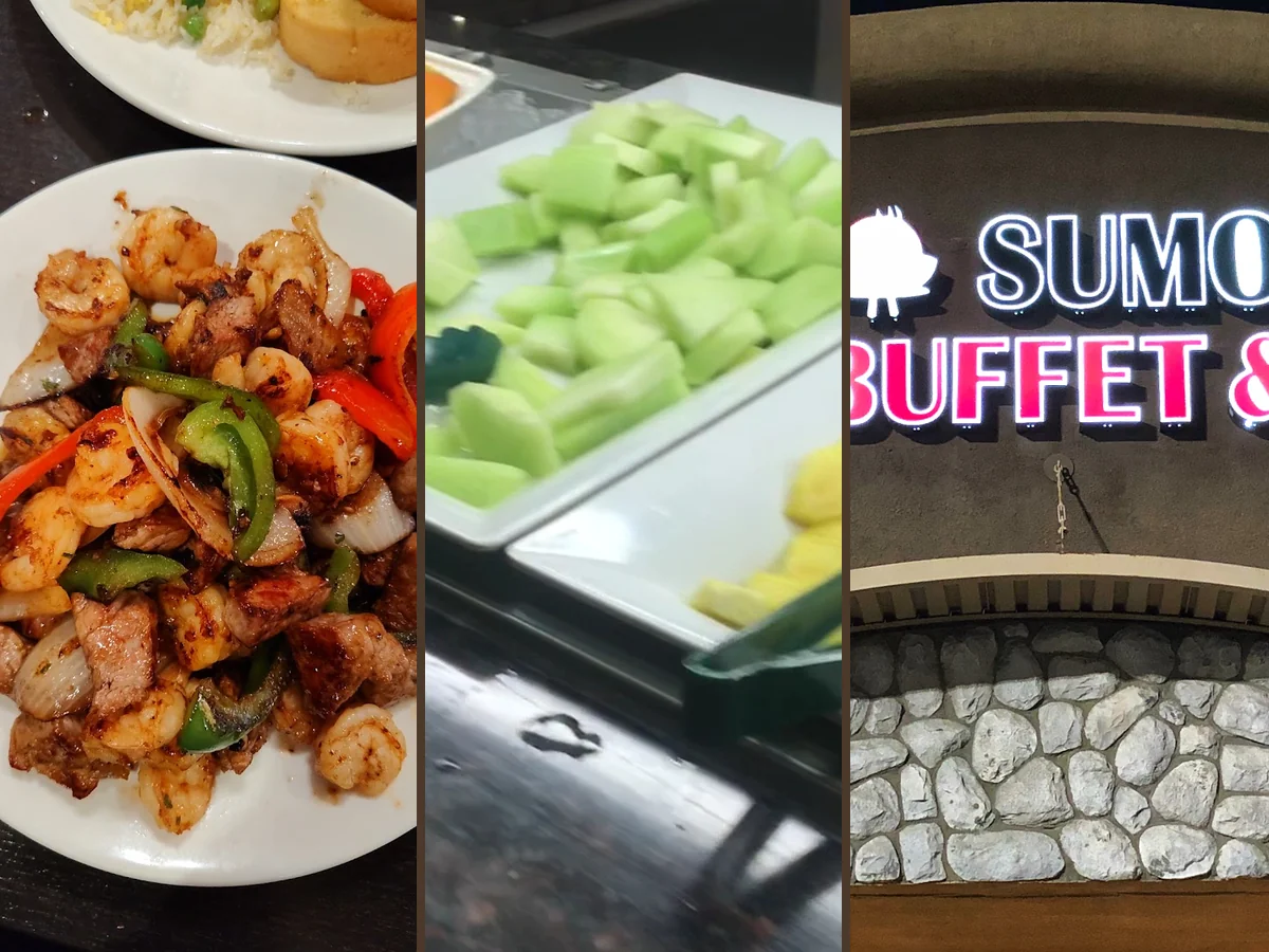 Colorful buffet spread with salad bar nearby.