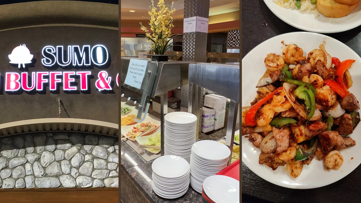 Buffet counters with sushi and seafood trays.