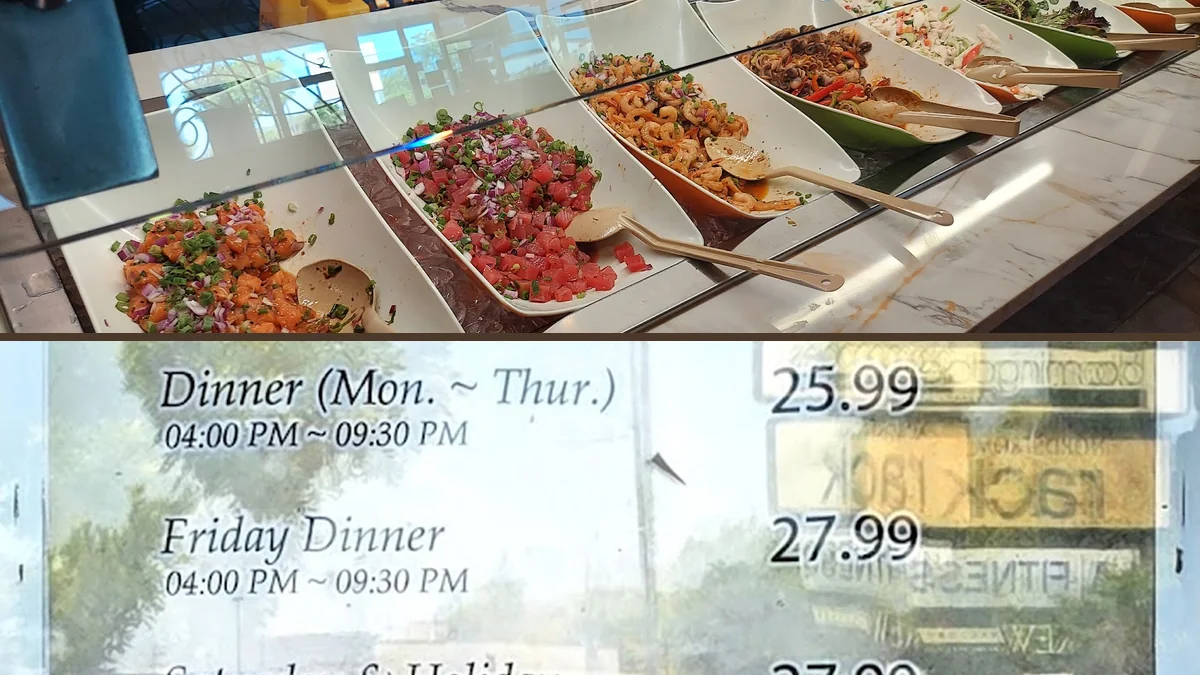 Hot dishes arranged behind a serving line.