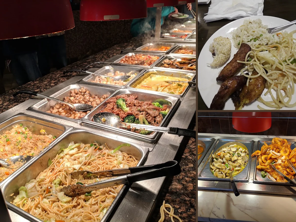 Colorful buffet spread with salad bar nearby.