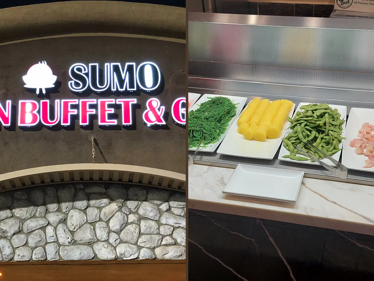 Buffet counters with sushi and seafood trays.